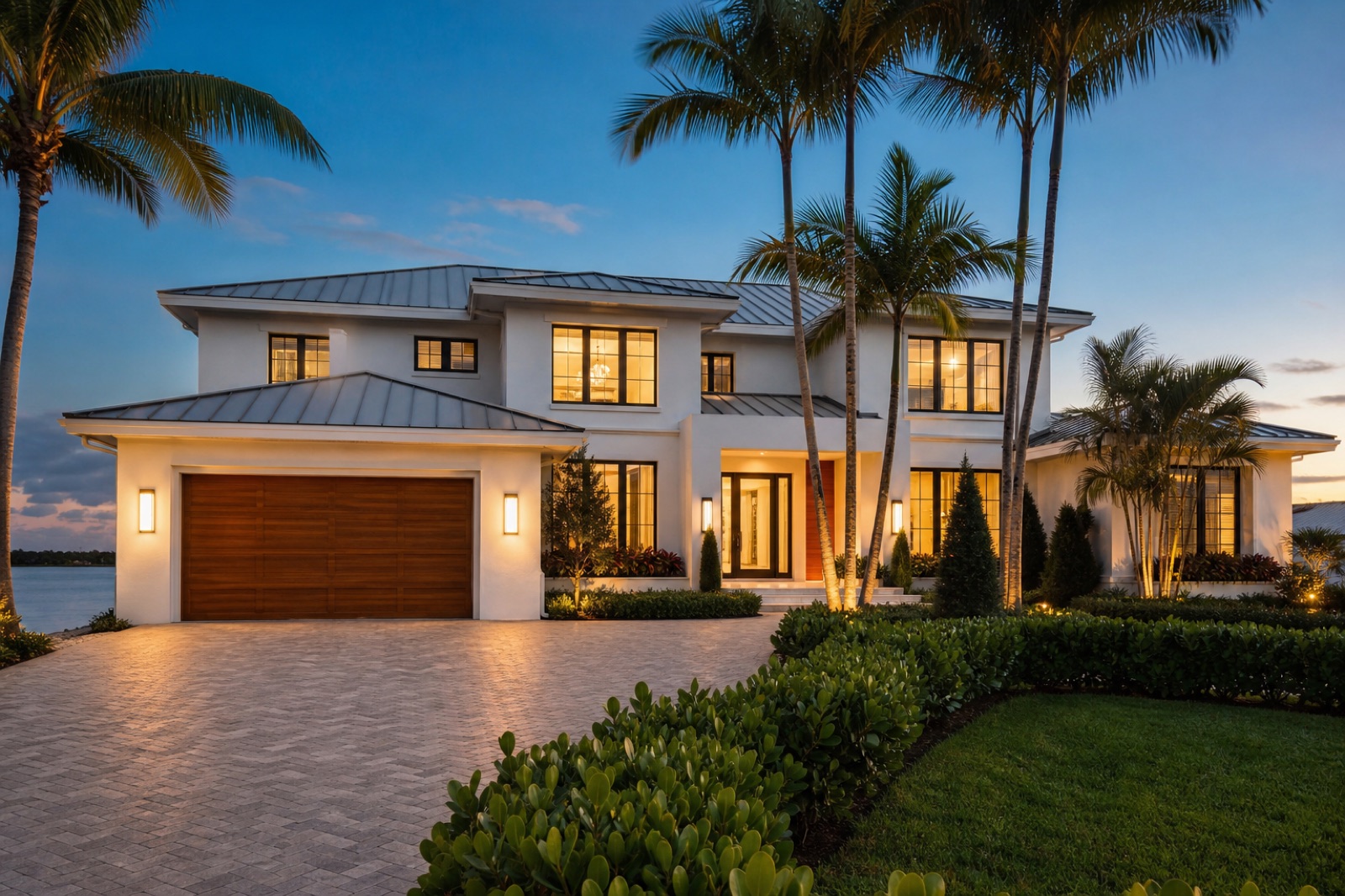 Coastal modern home in Palm Beach County at dusk